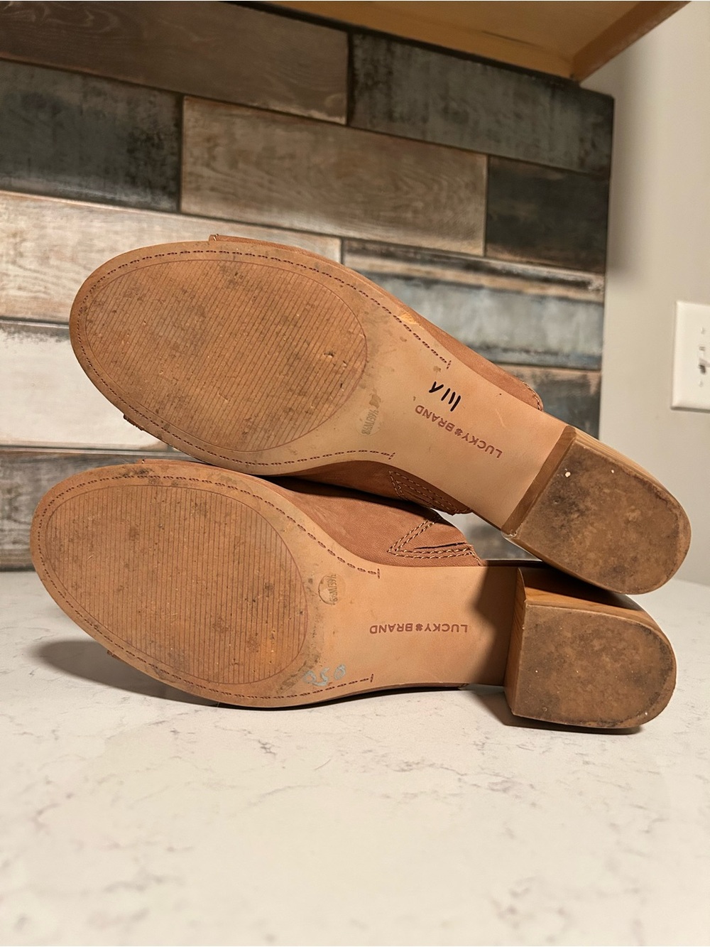 🍀Lucky Brand Nicholia Brown Leather Mules Sandals Chunky Block Heel - Picture 16 of 16